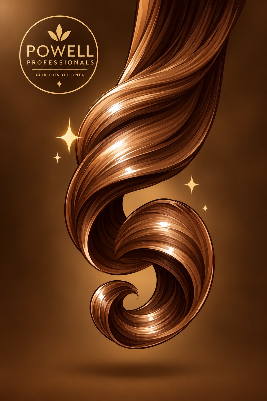A glossy, freshly defined spiral curl of bronze-gold hair