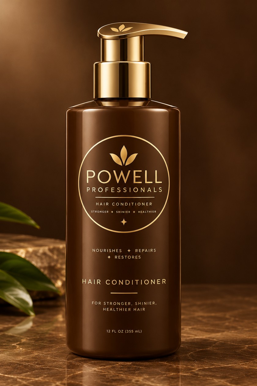 Powell Professionals hair conditioner — a 12 fl oz bronze pump bottle with a gold pump and the gold Powell Professionals crest label